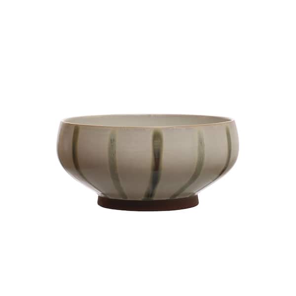 Storied Home 113 fl. oz. Beige and Green Hand-Painted Stoneware Bowl with Stripes and Reactive Glaze