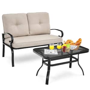 Black Metal Outdoor Patio Loveseat with Coffee Table and Beige Cushions