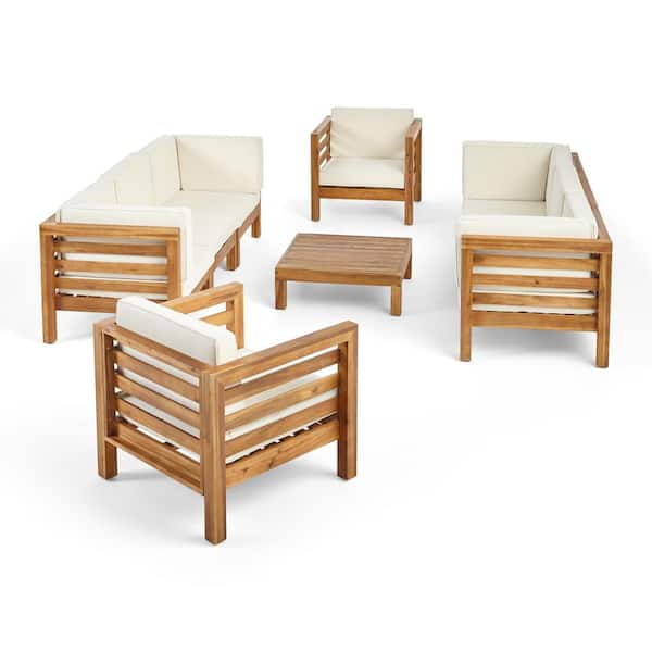 Oana Teak Brown 9-Piece Wood Outdoor Patio Conversation Seating Set with Beige Cushions