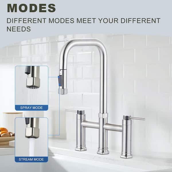 3-Hole 8 in. Double Handle Brass Bridge Kitchen Faucet with 2-Mode Pull Down Sprayer and Supply Lines in Brushed Nickel