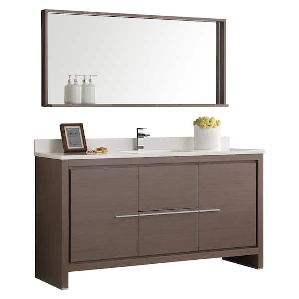 Fresca Allier 60 in. W Vanity in Gray Oak with Ceramic Vanity Top in White with White Basin and Mirror (Faucet Not Included)