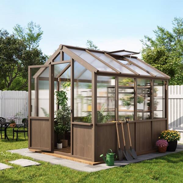 homfan 6x8 FT Wooden Walk-in Greenhouse, Spruce Frame, PC Panels