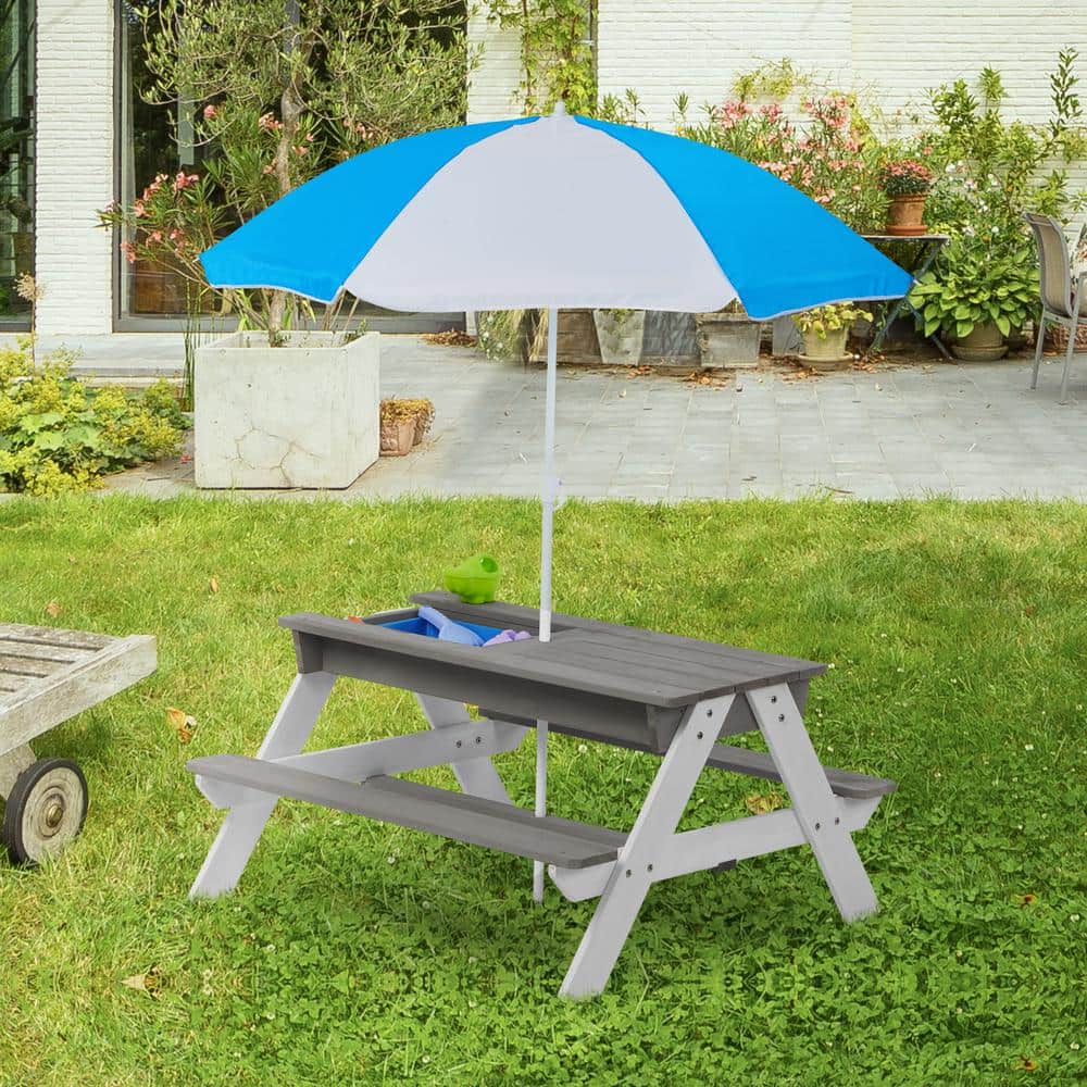 Wooden Kids Picnic Table, Sand and Water Table with Umbrella, Activity Tabl
