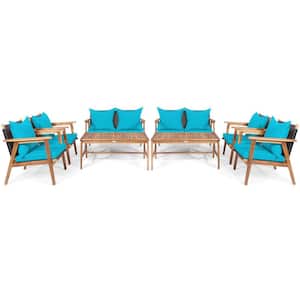 8-Piece Patio Rattan Furniture Set Wood Frame Cushioned Sofa with Coffee Table and Turquoise Cushions