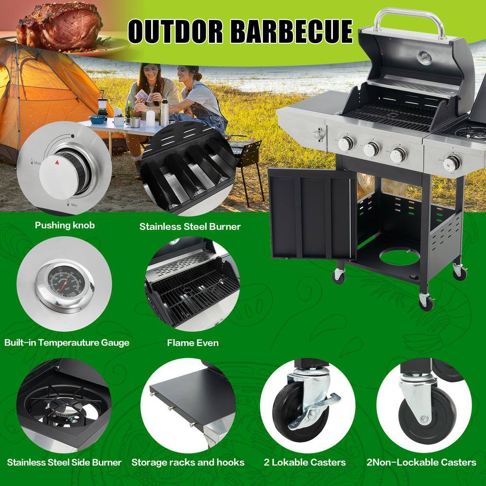 Stainless Steel 3-Burner Propane Gas Grill with Side Burner
