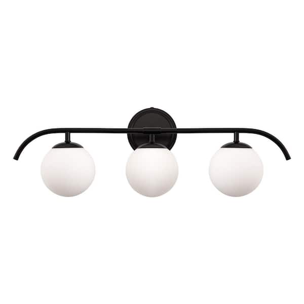 24 in. 3-Light Matte Black Vanity Light with Frosted Glass Globe Shade Wall Sconce for Bathroom Vanity and Hallway