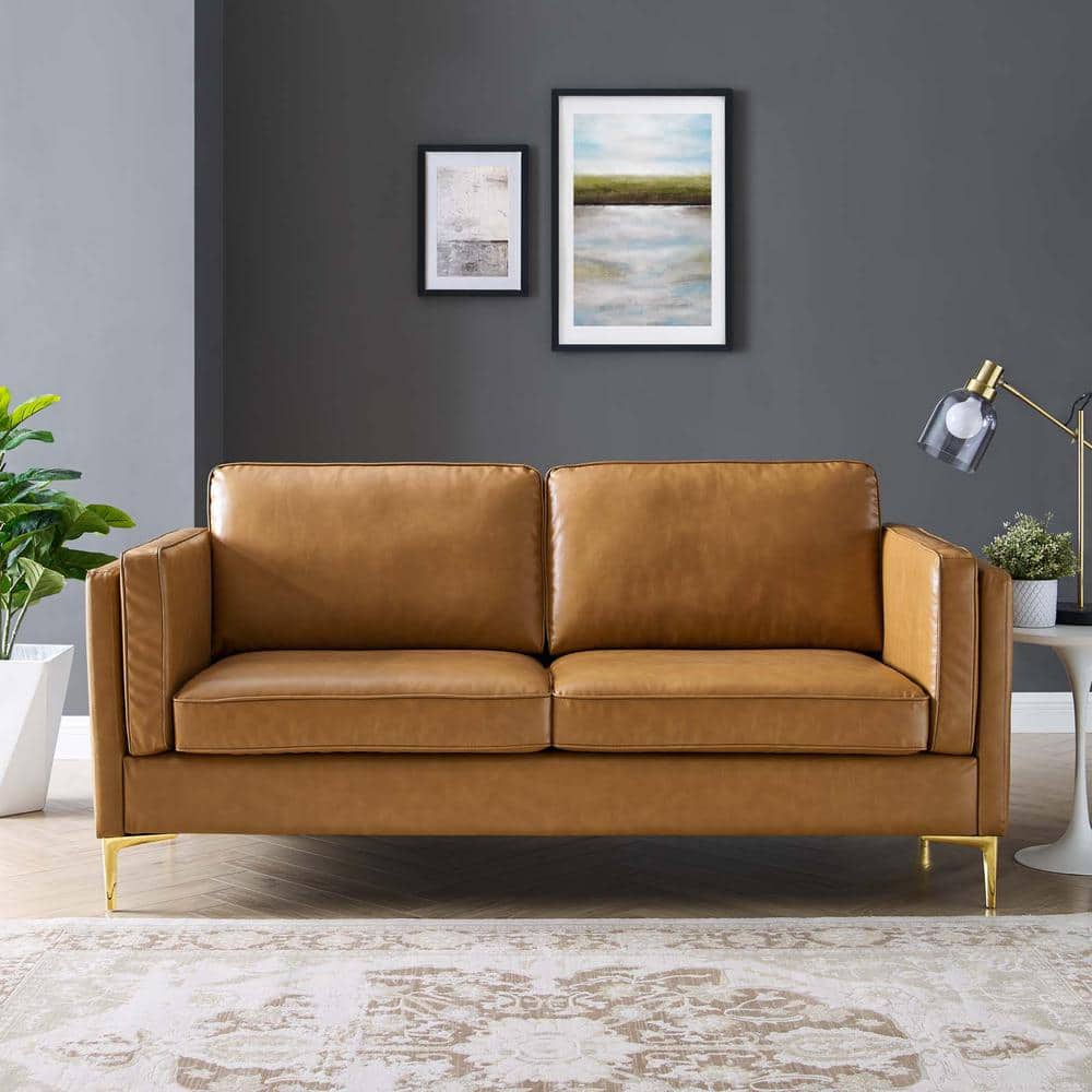 Kaiya Tan Faux Leather Sofa with Gold Metal Legs