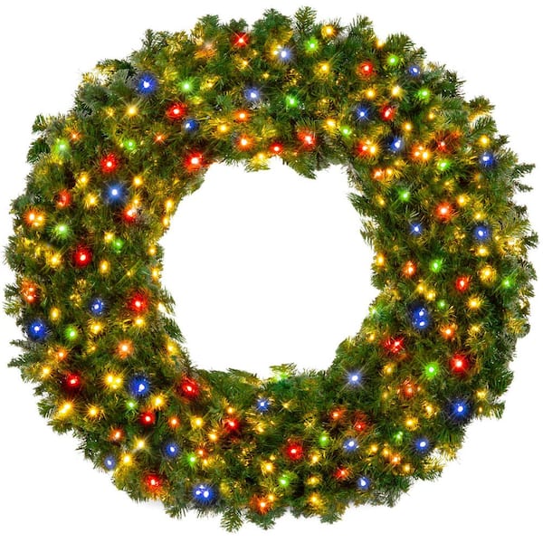 60 in. Artificial Pre-Lit Fir Artificial Christmas Wreath with 300 Multicolored Lights and 930 Tips