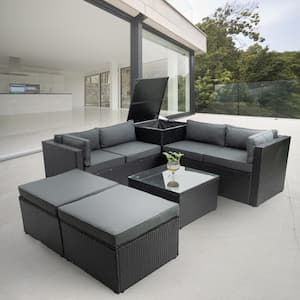 20 in. H 6-Piece Black Wicker Outdoor Sofa Sectional Set with Thick Gray Cushions and Storage Box