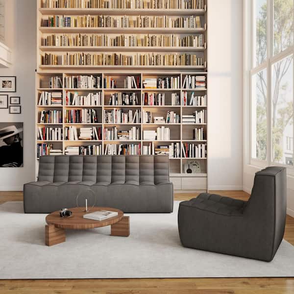 Armless 2-Piece Linen Modular Sectional Sofa 82 in. 3-Seater Fireside Lazy Floor Sofa Couch with Accent Chair in Black