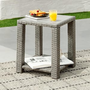 Cyril 18.1 in. W Grey Rectangle Wicker End Table Side Table for Living Room and Backyard for Indoor and Outdoor