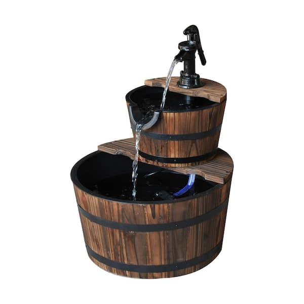 23 in. Wood Fountain Barrel Brown Fir Bird Bath Solar Garden Fountain with Double Tier Waterfall