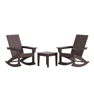 Shoreside Dark Brown HDPE Plastic Modern Rocking Poly Adirondack Chair Set of 2 With Side Table