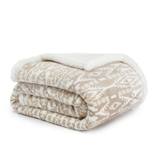 Eddie Bauer Ultra Plush San Juan Beige Ikat Sherpa Reverse Throw Blanket