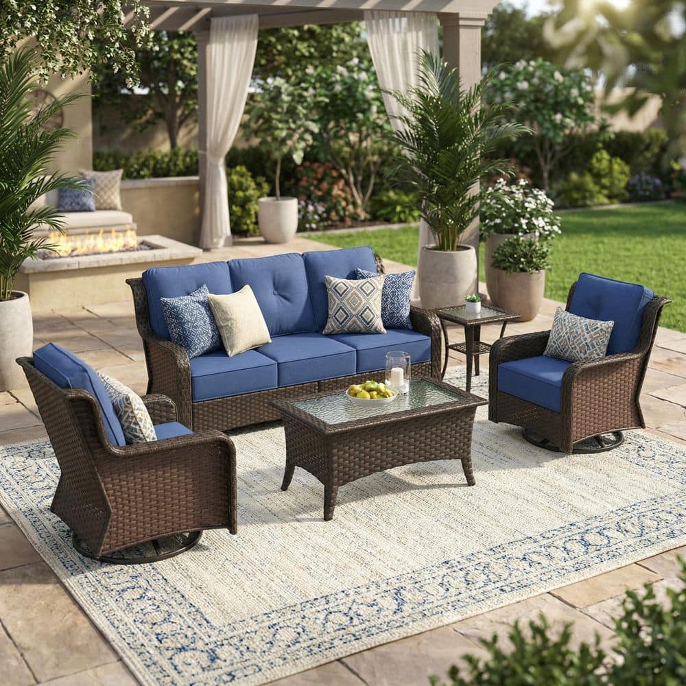 5-Piece Brown Wicker Outdoor Patio Conversation Set with Navy Cushions and Coffee Tables price history on PriceWatchPro
