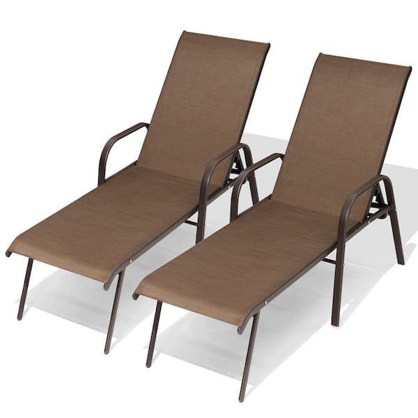 Brown 2-Piece Metal Adjustable Outdoor Chaise Lounge