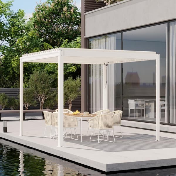 10 ft. x 10 ft. White Aluminum Frame Outdoor Patio Louvered Pergola with Adjustable Shade Roof