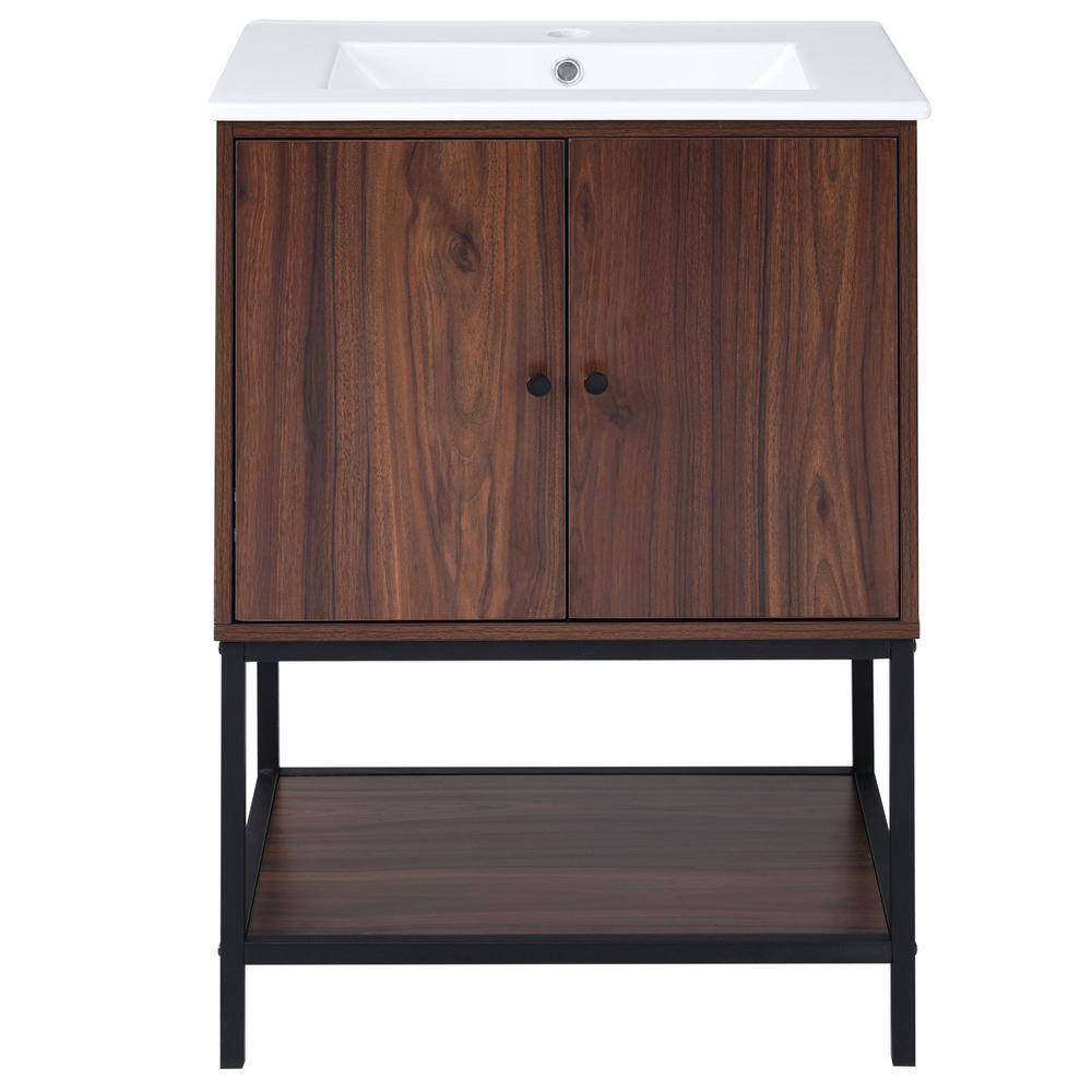24 in. W x 18 in. D x 34 in. H Freestanding Bath Vanity in Walnut with Whit