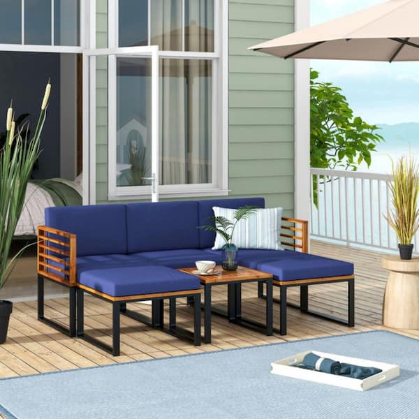 6-Piece Patio Acacia Wood Conversation Sofa Set with Ottomans and Cushions in Navy
