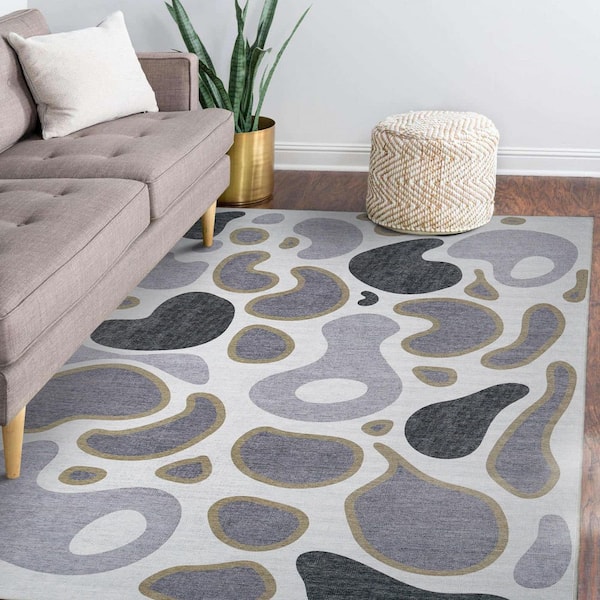 Kyoa Grey Olive 5 ft. x 7 ft. Abstract Washable Area Rug