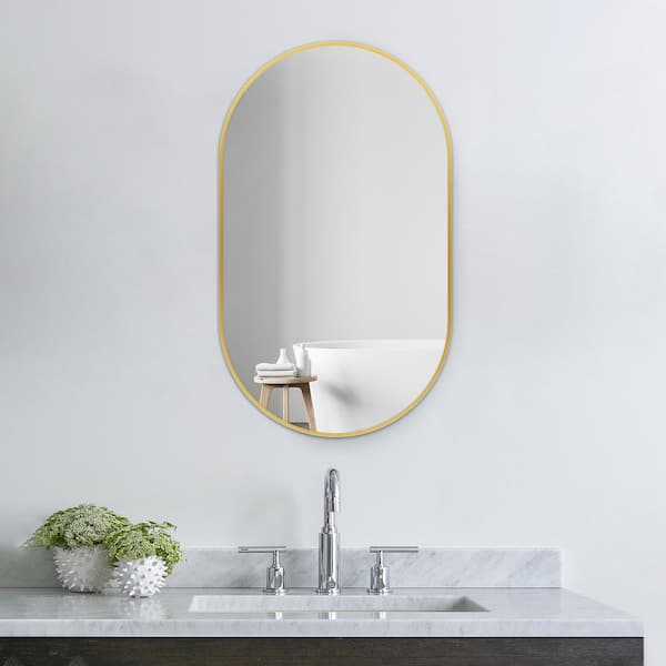 HBEZON Athena 20 in. W x 33 in. H Small Oval Aluminum Framed Wall Bathroom Vanity Mirror in Brushed Gold