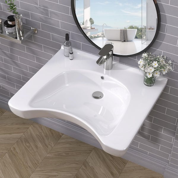 25.38 in Ceramic Wall-Mounted Rectangular ADA Bathroom Sink with Single Faucet Hole in White ADA Floating Vessel Sink