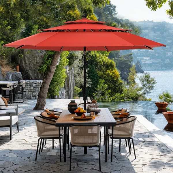PHI VILLA 10 ft. Market Patio Umbrella in 3-Layer in Red With Crank and Tilt