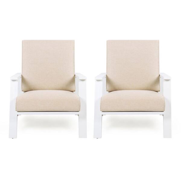 White Wood Outdoor Chaise Lounge with Beige Cushions (2-Pack)