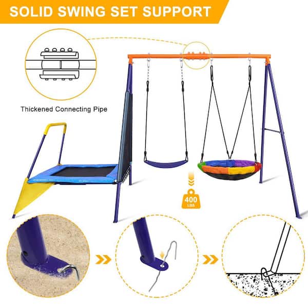 Steel Frame Outdoor Playset with Trampoline and Saucer Swing, 1