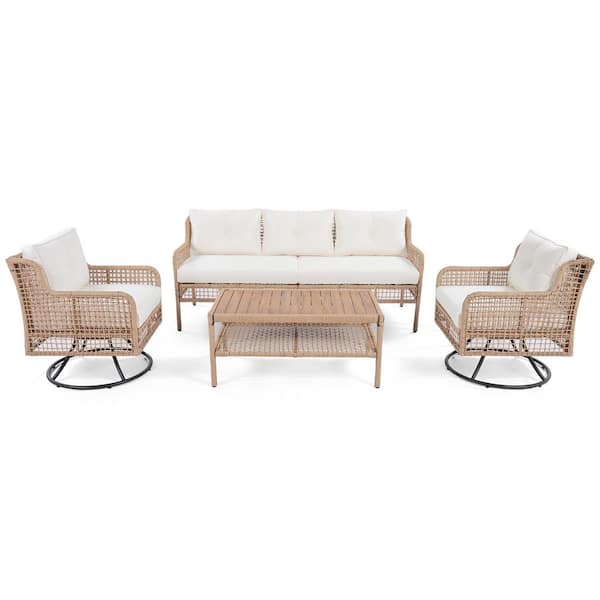 Unbranded 4-Piece Wicker Patio Conversation Set with Beige Cushions, Wood Top Table and Rocking Chair