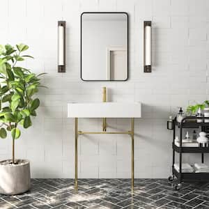 30 in. L White Ceramic Rectangular Console Sink Basin and Legs Combo with Overflow and Brushed Golden Legs