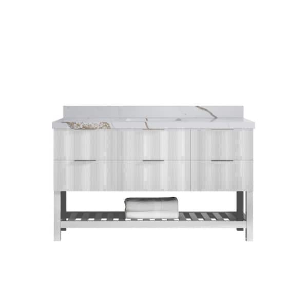 Willow Collections Catalina 60 in. Single Sink Freestanding Fine Grain Bath Vanity with Calacatta Gold Qt. Top Unassembled