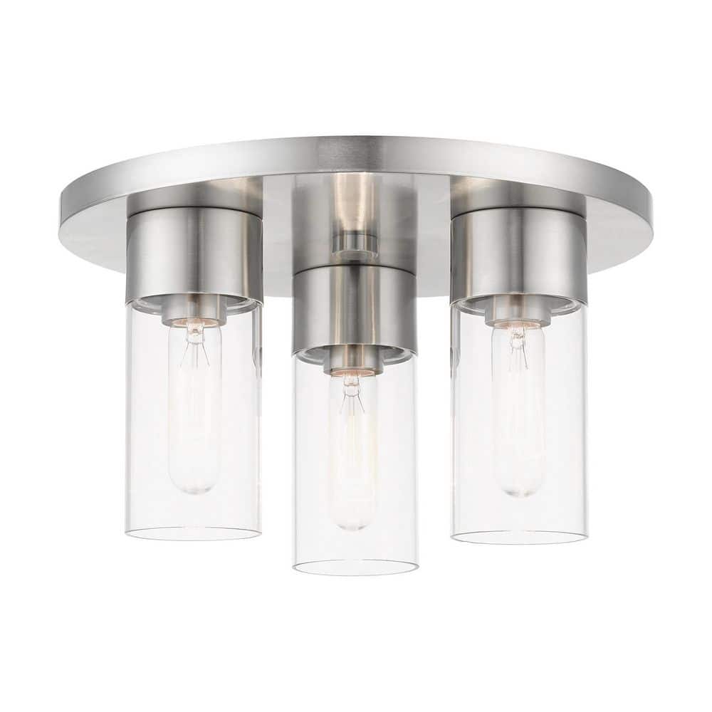 Sleek Brushed Nickel 3-Light Flush Mount with Clear Glass
