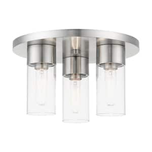 Carson 14 in. 3-Light Brushed Nickel Flush Mount with Clear Glass Shades