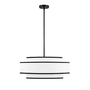 4-Light Black Tiered Drum Shaded Chandelier with White Fabric Shade
