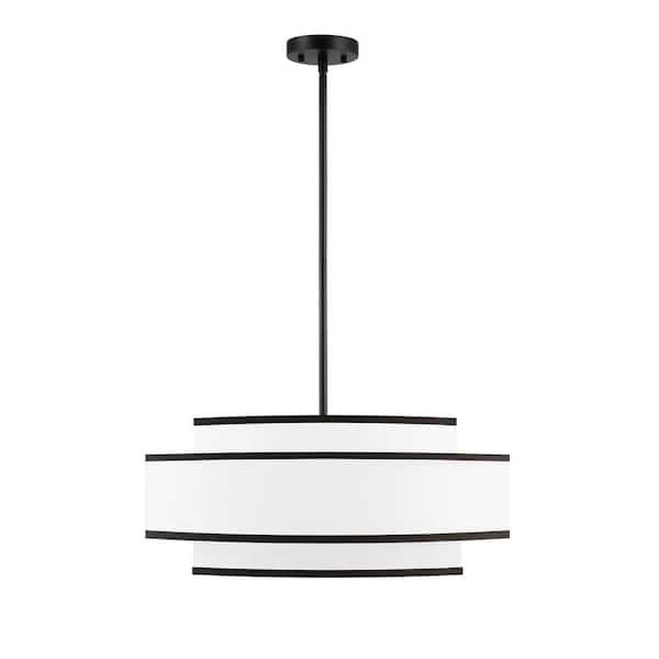 MLiAN 4-Light Black Tiered Drum Shaded Chandelier with White Fabric Shade