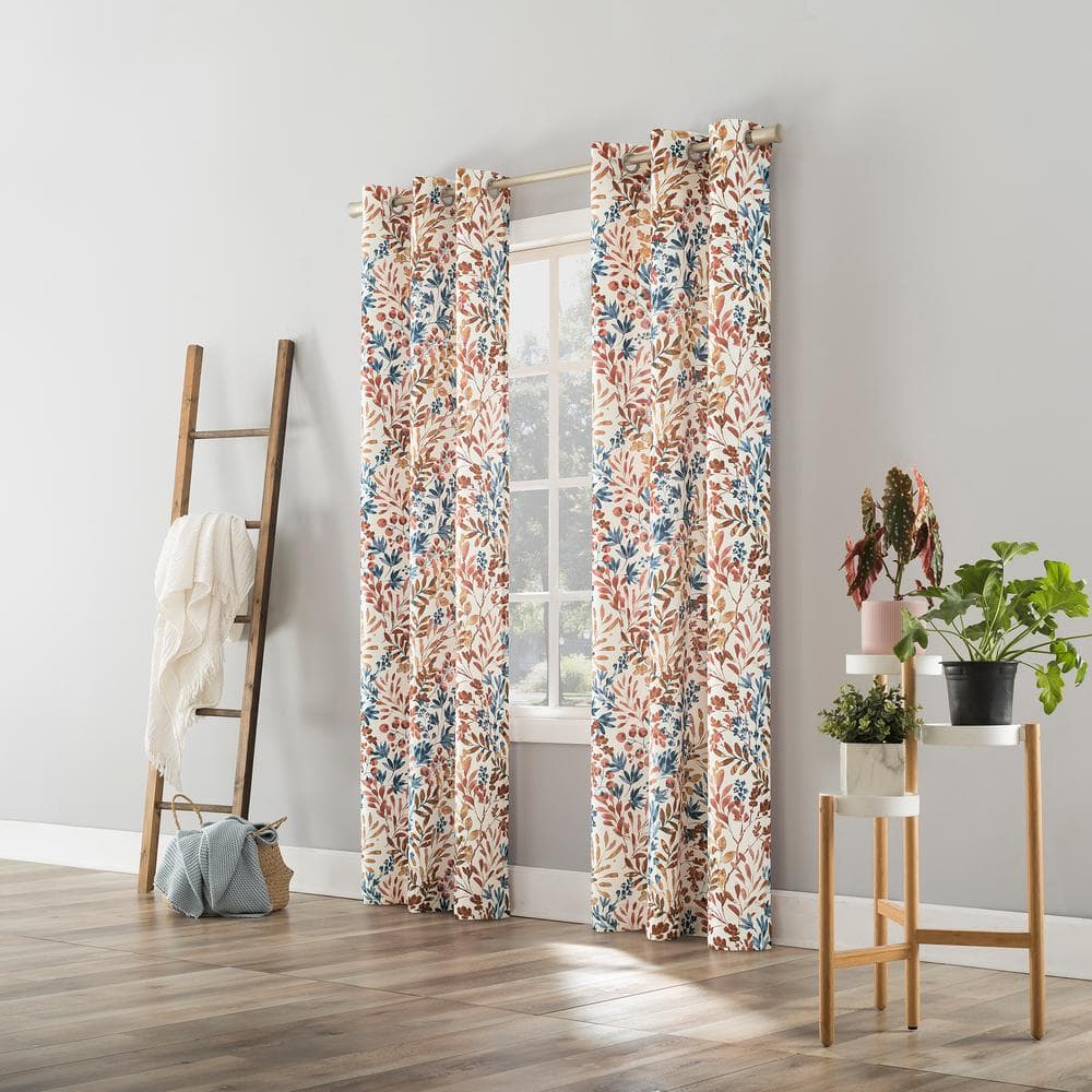 Indigo Blue Botanical Print Room Darkening Grommet Curtain Panel