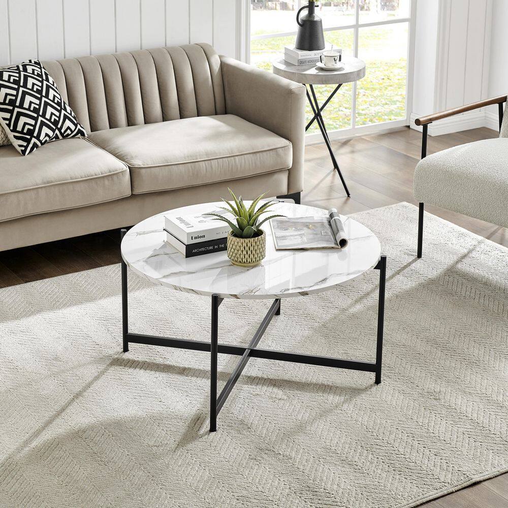 35" Round White Marble Finish Coffee Table with Black Metal Frame