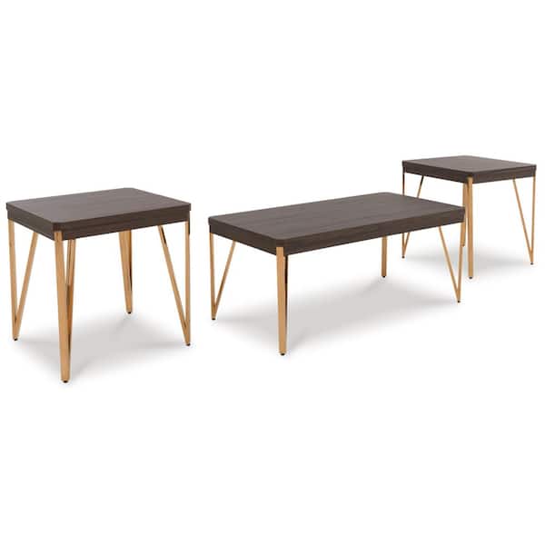 Signature Design By Ashley Bandyn 47.25 in. Brown/Gold Rectangle MDF Coffee Table (Set of 3)