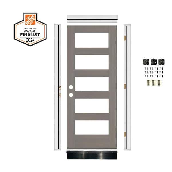 DIY RTA KIT 36in.x80in. Hemlock Right-Hand/Inswing 5-Lite Clear Glass Grey Stain Wood Ready To Assemble Front Door