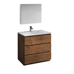 Lazzaro 36 in. Modern Bathroom Vanity in Rosewood with Vanity Top in White with White Basin and Medicine Cabinet