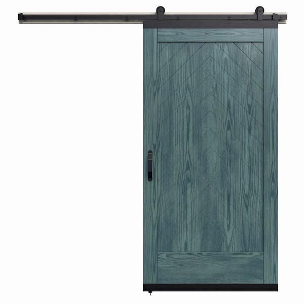 36 in. x 80 in. Karona Chevron Coastal Cool Stained White Oak Wood Sliding Barn Door with Hardware Kit