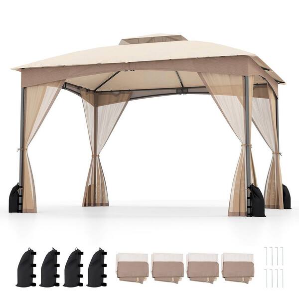 10 ft. x 12 ft. Patio Gazebo with Netting Walls with 4 Sandbags in Khaki