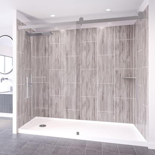 NuVo Driftwood-Tetherow 60 in. x 32 in. x 83 in. Base/Wall/Door Rectangular Alcove Shower Stall/Kit Chrome Left