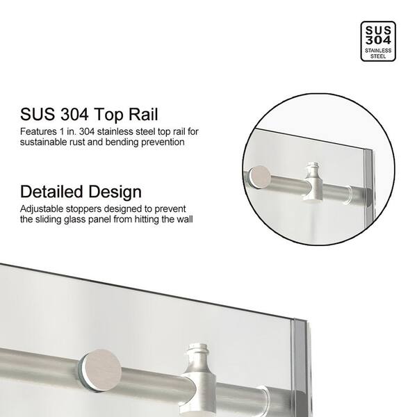 Staykiwi 60 in. W x 76 in. H Sliding Frameless Shower Door in Brushed Nickel Finish with Frosted Glass