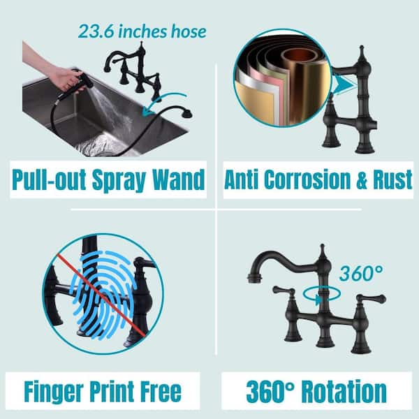 Double-Handle Pull Down Sprayer Kitchen Faucet with Side Spray in Matte Black