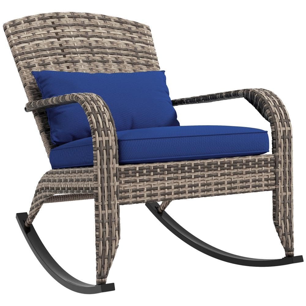  Outdoor Adirondack Rattan Rocker Chair with High Back, Seat Cushion, and Pillow for Garden, Porch, Balcony, Dark Blue