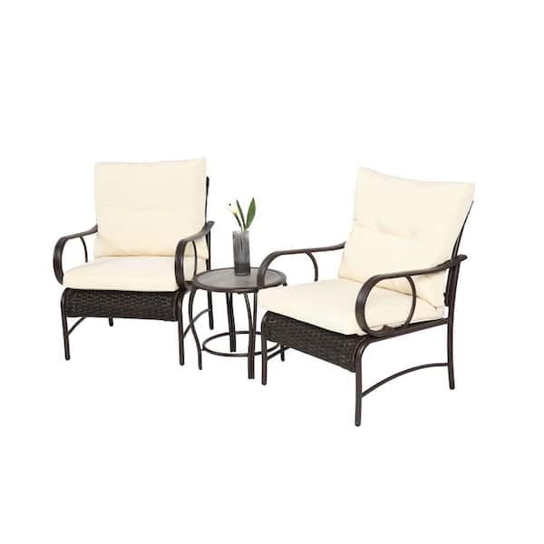 Unbranded 3-Piece Metal Patio Conversation Set, Outdoor Furniture Set with Coffee Table and White Cushions for Garden