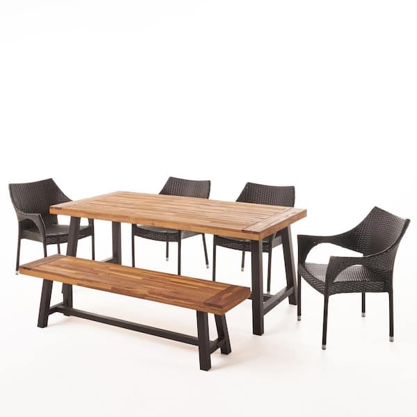Noble House Arian 6-Piece Wood and Faux Rattan Outdoor Dining Set with Stacking Chairs and Bench
