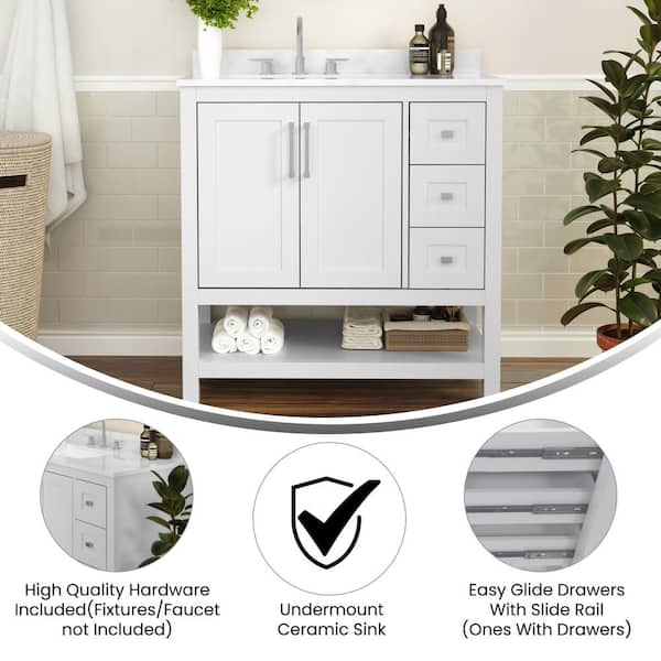 36 in. W x 19 in. D x 38 in. H Bathroom Vanity in White with White Stone Top